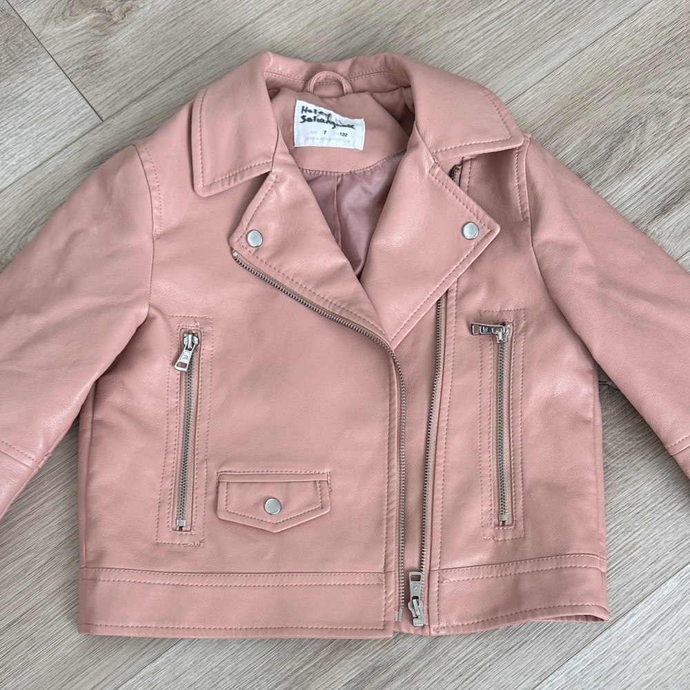 Zara Girls Blush Pink Faux Leather Moto Jacket Size 7 Biker Zip Jacket